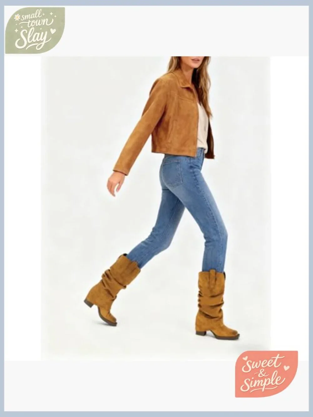Faux Suede Fold Over Mid Calf Boots Square Toe Chunky Heel Pull On Booties - Picture 3 of 7